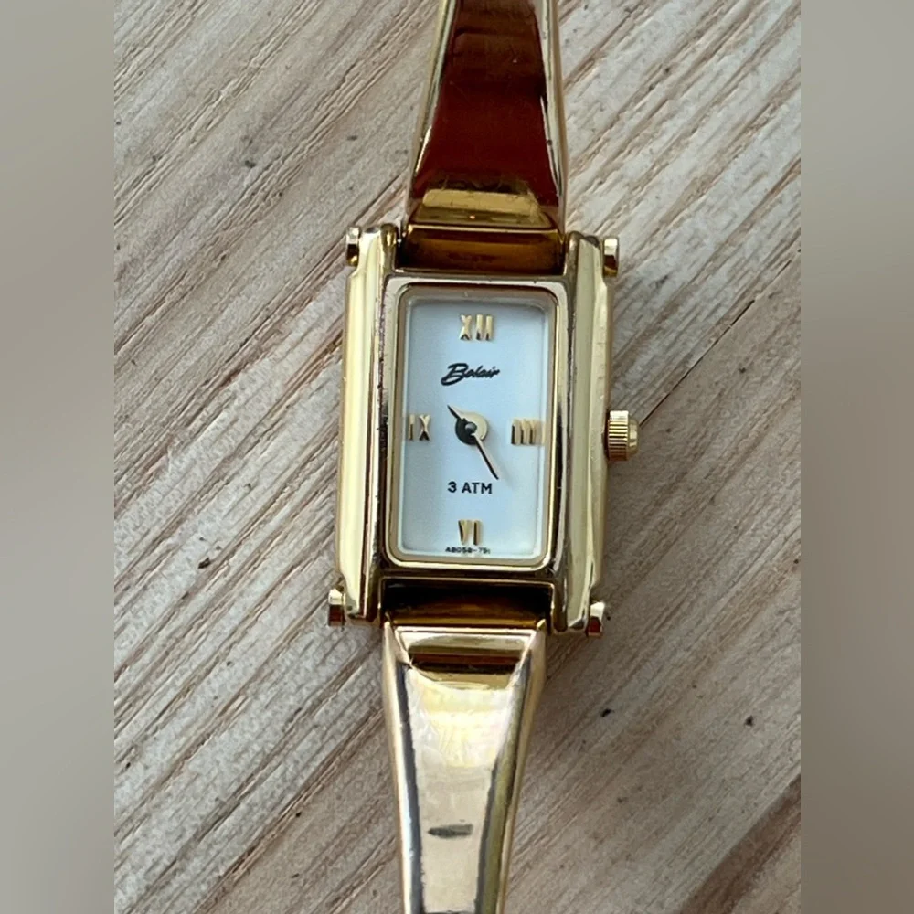 Belair Luxury Ladies Watch White Rectangular Dial Gold-Tone Bangle Bracelet
